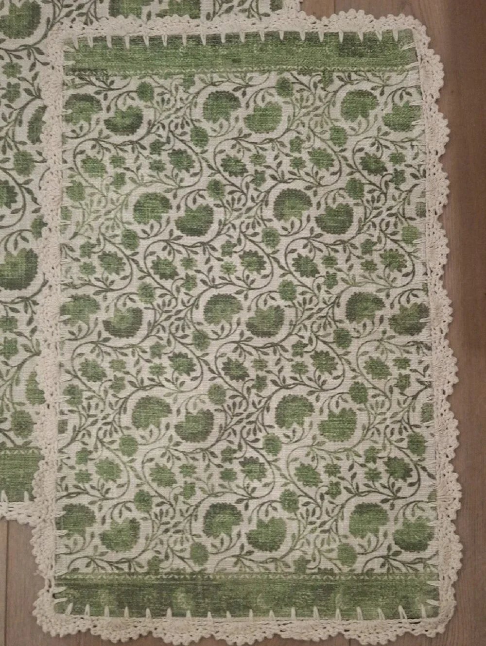 Green Floral Crochet-Trim Kitchen Mats, Set of 2
